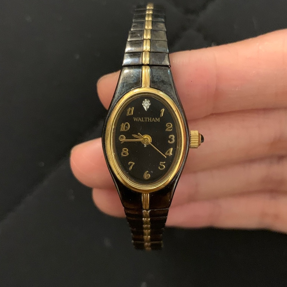 Waltham Vintage Diamond Accent Wrist Watch, Black And Gold